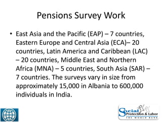 Pensions Survey Work
• East Asia and the Pacific (EAP) – 7 countries,
Eastern Europe and Central Asia (ECA)– 20
countries, Latin America and Caribbean (LAC)
– 20 countries, Middle East and Northern
Africa (MNA) – 5 countries, South Asia (SAR) –
7 countries. The surveys vary in size from
approximately 15,000 in Albania to 600,000
individuals in India.
29
 