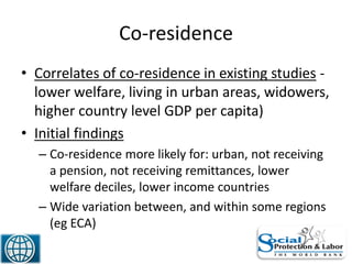 Co-residence
• Correlates of co-residence in existing studies -
lower welfare, living in urban areas, widowers,
higher country level GDP per capita)
• Initial findings
– Co-residence more likely for: urban, not receiving
a pension, not receiving remittances, lower
welfare deciles, lower income countries
– Wide variation between, and within some regions
(eg ECA)
33
 
