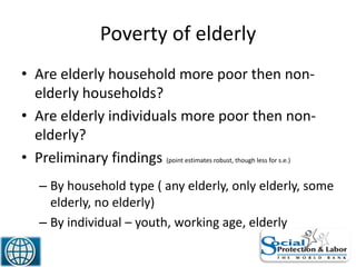 Poverty of elderly
• Are elderly household more poor then non-
elderly households?
• Are elderly individuals more poor then non-
elderly?
• Preliminary findings (point estimates robust, though less for s.e.)
– By household type ( any elderly, only elderly, some
elderly, no elderly)
– By individual – youth, working age, elderly
38
 
