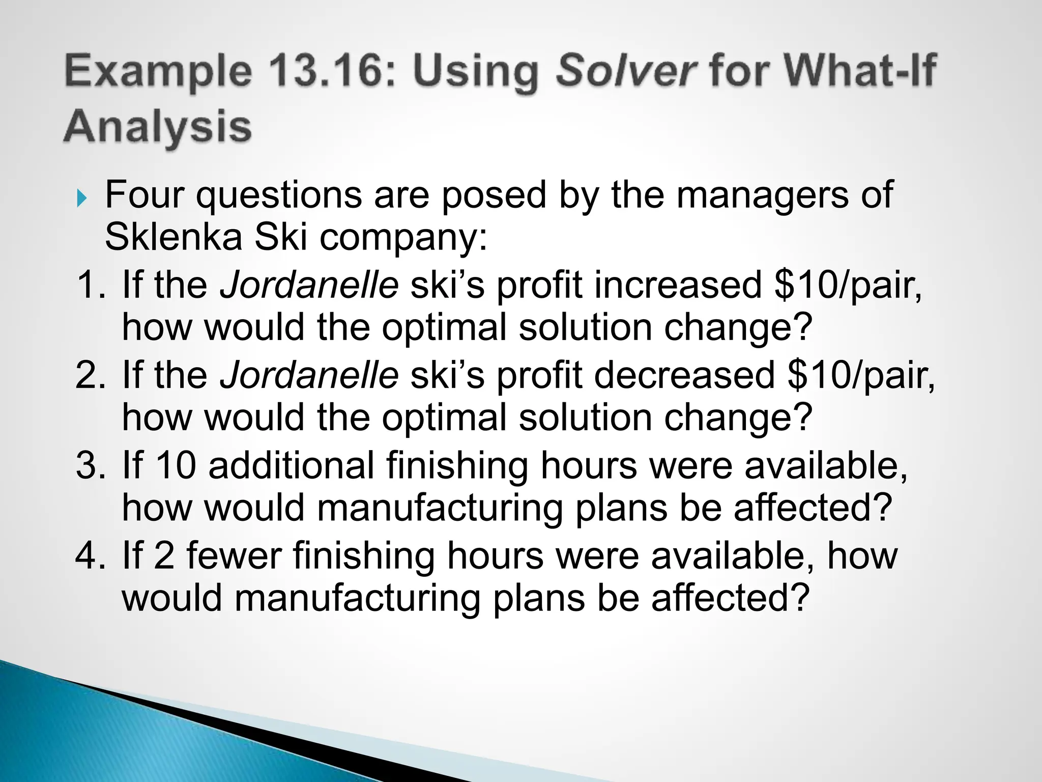  Four questions are posed by the managers of
Sklenka Ski company:
1. If the Jordanelle ski’s profit increased $10/pair,
how would the optimal solution change?
2. If the Jordanelle ski’s profit decreased $10/pair,
how would the optimal solution change?
3. If 10 additional finishing hours were available,
how would manufacturing plans be affected?
4. If 2 fewer finishing hours were available, how
would manufacturing plans be affected?
 