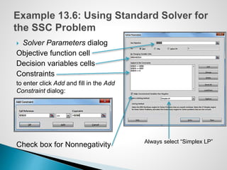  Solver Parameters dialog
Objective function cell
Decision variables cells
Constraints
to enter click Add and fill in the Add
Constraint dialog:
Check box for Nonnegativity Always select “Simplex LP”
 