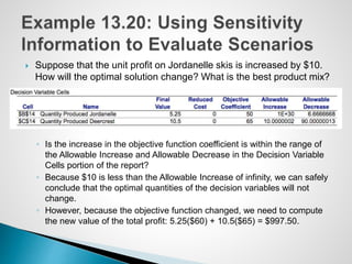  Suppose that the unit profit on Jordanelle skis is increased by $10.
How will the optimal solution change? What is the best product mix?
◦ Is the increase in the objective function coefficient is within the range of
the Allowable Increase and Allowable Decrease in the Decision Variable
Cells portion of the report?
◦ Because $10 is less than the Allowable Increase of infinity, we can safely
conclude that the optimal quantities of the decision variables will not
change.
◦ However, because the objective function changed, we need to compute
the new value of the total profit: 5.25($60) + 10.5($65) = $997.50.
 