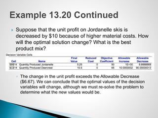  Suppose that the unit profit on Jordanelle skis is
decreased by $10 because of higher material costs. How
will the optimal solution change? What is the best
product mix?
◦ The change in the unit profit exceeds the Allowable Decrease
($6.67). We can conclude that the optimal values of the decision
variables will change, although we must re-solve the problem to
determine what the new values would be.
 