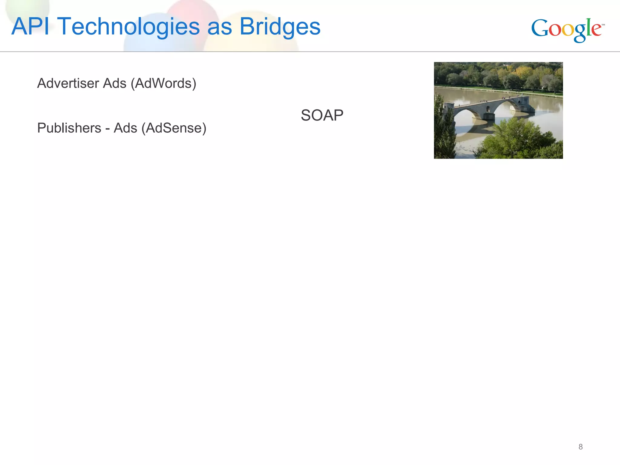 API Technologies as Bridges Advertiser Ads (AdWords) Publishers - Ads (AdSense) SOAP 