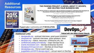 Puppet Labs in partnership with IT REVOLUTION
Additional
Resources
51
THE PHOENIX PROJECT: A NOVEL ABOUT IT, DEVOPS,
AND HELPING YOUR BUSINESS WIN
“The Phoenix Project is a great way to get non-technical managers to understand what developers do.
Every person involved in a failed IT project should be forced to read this book.”
–Tim O'Reilly, Founder & CEO, O'Reilly Media
“The Phoenix Project is a must read for business and IT executives
struggling with the growing complexity of IT.”
–Jim Whitehurst, President and CEO, Red Hat, Inc.
“This is the IT swamp draining manual for anyone who is neck deep in alligators”
–Adrian Cockroft, Cloud Architect at Netflix
Additional Links
• devopscafe.org –podcast interviews, great guest speakers
• cloudcast.net –podcast interviews, great speakers, short
• dev2ops.org – videos, resources, conference info, etc.
• conferences.oreilly.com/velocity – major DevOps focus
• events.itrevolution.com – DevOps Enterprise Summit
• devopssummit.sys-con.com – DevOps at Cloud Expo
• devopsdays.org – find an event near you
• puppetlabs.com/2015-devops-report – annual report on DevOps
#DOES15
 