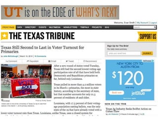 * Decline in coverage of statewide issues
* Fewer papers
* Fewer people
* Fewer pages
* Bigger problems
* Decline in engagement
* Low voter turnout
* Generation gap
* Increase in partisanship
* Politics is more divisive
* Media is more of an echo chamber
 