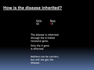 How is the disease inherited?GirlsBoysXX              XYThe disease is inherited through the X-linked recessive gene. Only the X gene is affected. Mothers can be carriers, but will not get the disease. 