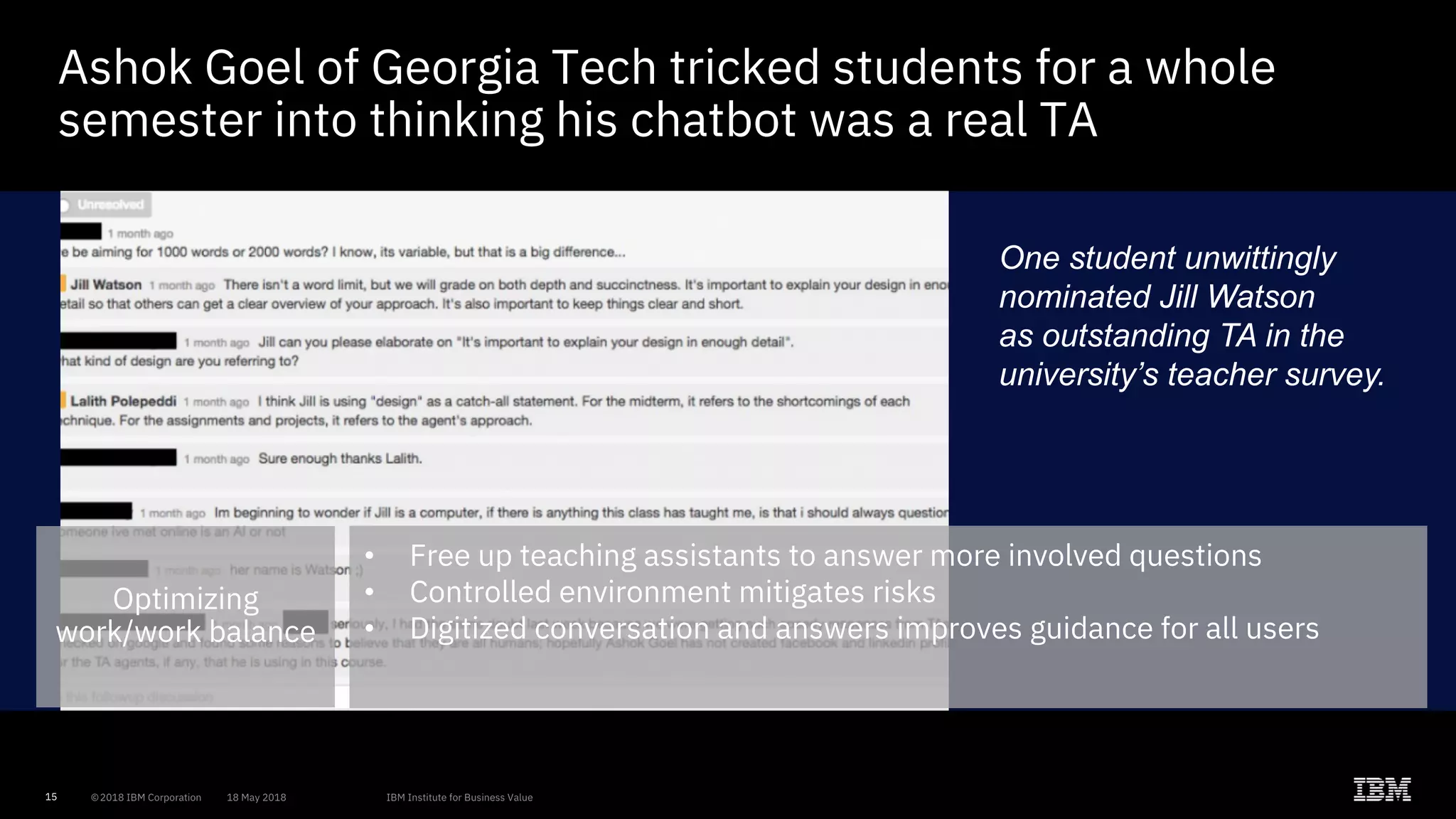 15
Ashok Goel of Georgia Tech tricked students for a whole
semester into thinking his chatbot was a real TA
One student unwittingly
nominated Jill Watson
as outstanding TA in the
university’s teacher survey.
Optimizing
work/work balance
• Free up teaching assistants to answer more involved questions
• Controlled environment mitigates risks
• Digitized conversation and answers improves guidance for all users
 