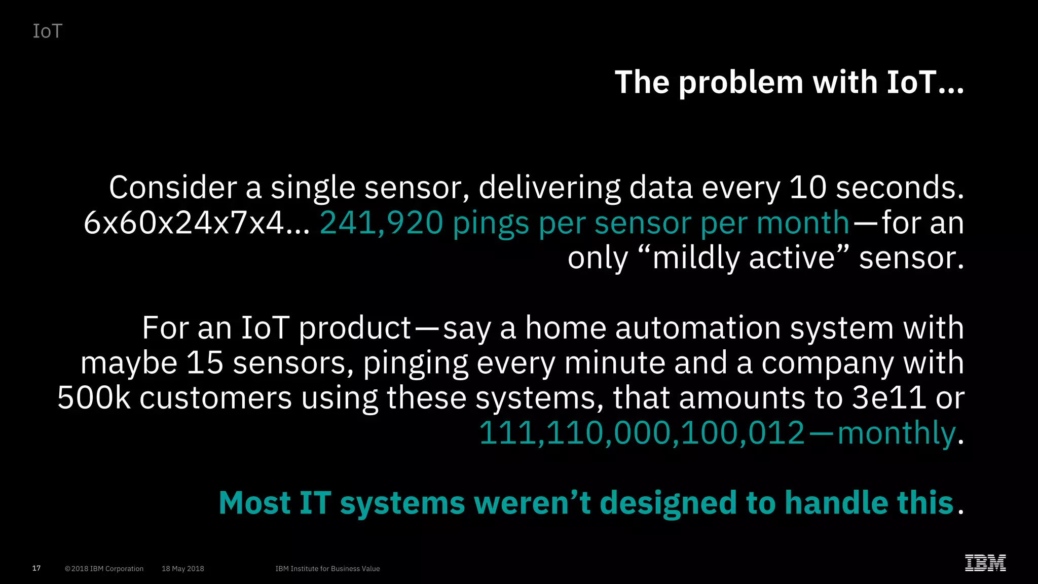 17
The problem with IoT…
Consider a single sensor, delivering data every 10 seconds.
6x60x24x7x4… 241,920 pings per sensor per month—for an
only “mildly active” sensor.
For an IoT product—say a home automation system with
maybe 15 sensors, pinging every minute and a company with
500k customers using these systems, that amounts to 3e11 or
111,110,000,100,012—monthly.
Most IT systems weren’t designed to handle this.
IoT
 