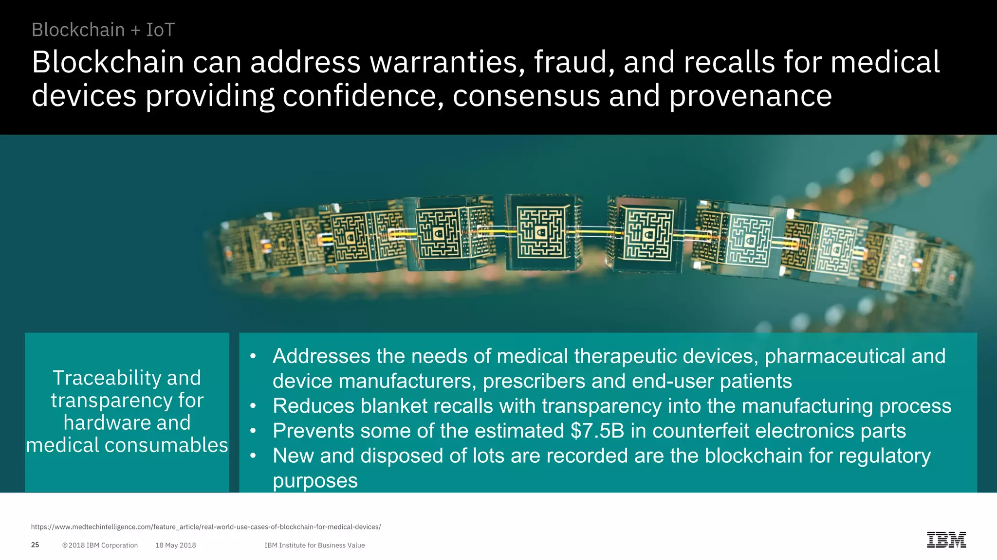 25
Blockchain can address warranties, fraud, and recalls for medical
devices providing confidence, consensus and provenance
Blockchain + IoT
Traceability and
transparency for
hardware and
medical consumables
• Addresses the needs of medical therapeutic devices, pharmaceutical and
device manufacturers, prescribers and end-user patients
• Reduces blanket recalls with transparency into the manufacturing process
• Prevents some of the estimated $7.5B in counterfeit electronics parts
• New and disposed of lots are recorded are the blockchain for regulatory
purposes
 