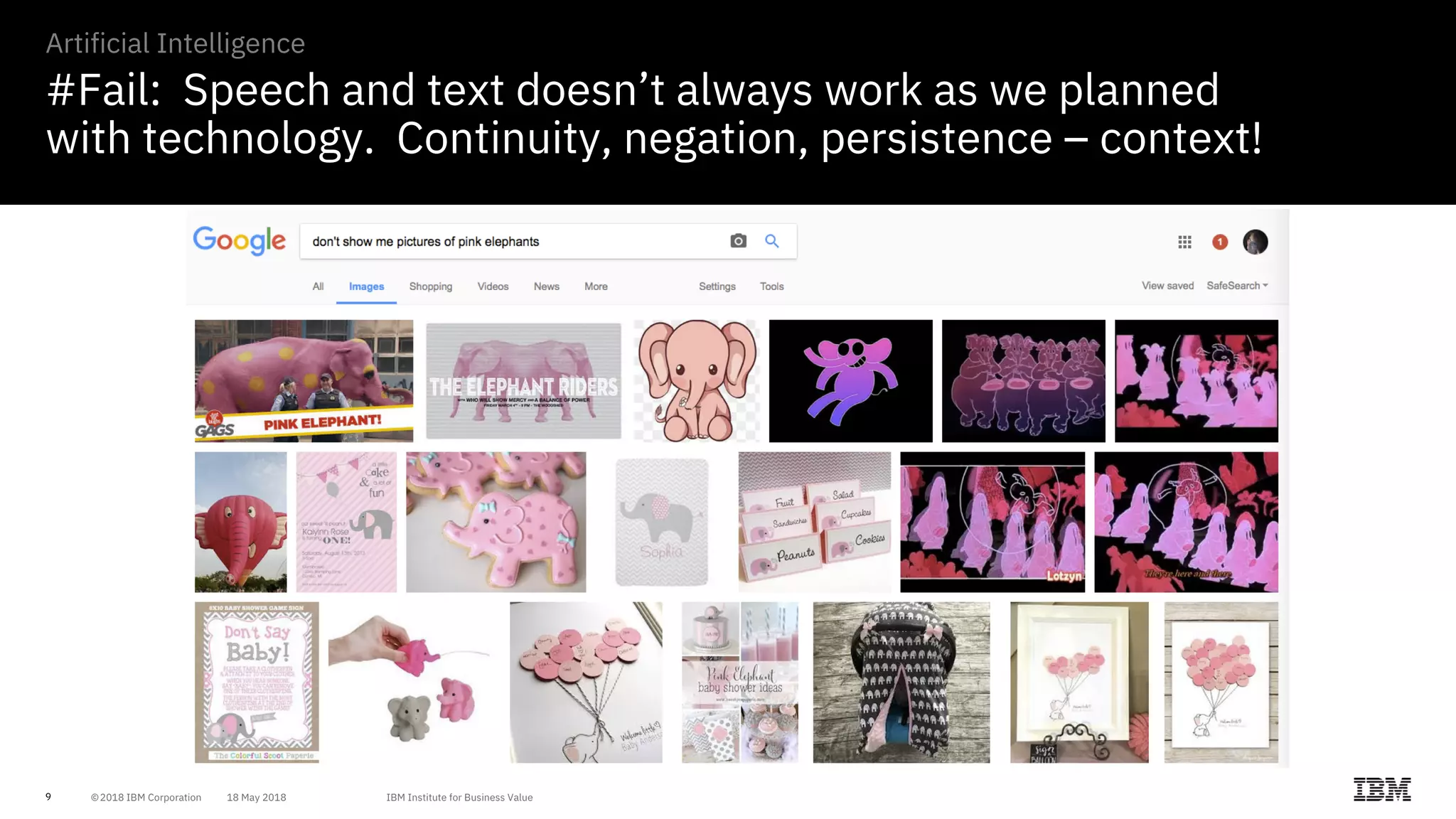 9
#Fail: Speech and text doesn’t always work as we planned
with technology. Continuity, negation, persistence – context!
Artificial Intelligence
 