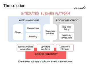 The solution
           INTEGRATED BUSINESS PLATFORM

         COSTS MANAGEMENT                        REVENUE MANAGEMENT


                                                      Real-time
                  Compression
                                                       Billing
                                     Customers
      Shaper
                                      software
                                                     Proprietary
                   Encoding
                                                    service plans



        Business Process        Operator’s         Customer’s
          Automation            interfaces         interfaces

                           BUSINESS MANAGEMENT


         Evanti does not have a solution. Evanti is the solution.
 