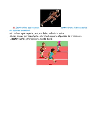 13.Escribe tres acciones que                       contribuyan a la buena salud
del aparato locomotor:
-Al realizar algún deporte, procurar haber calentado antes.
-Comer bien es muy importante, sobre todo durante el periodo de crecimiento.
-Adoptar buena postura durante la vida diaria.
 