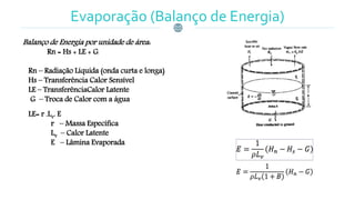 Evaporação (Balanço de Energia)
Balanço de Energia por unidade de área:
Rn = Hs + LE + G
Rn – Radiação Líquida (onda curta e longa)
Hs – Transferência Calor Sensível
LE – TransferênciaCalor Latente
G – Troca de Calor com a água
LE= r .Lv. E
r – Massa Específica
Lv – Calor Latente
E – Lâmina Evaporada
 