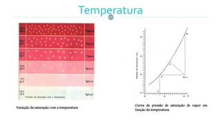 Temperatura
Curva da pressão de saturação de vapor em
função da temperatura.
Variação da saturação com a temperatura
 