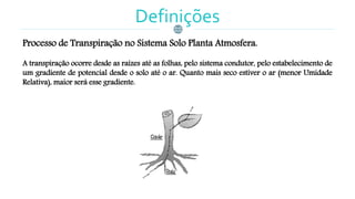 Definições
Processo de Transpiração no Sistema Solo Planta Atmosfera.
A transpiração ocorre desde as raízes até as folhas, pelo sistema condutor, pelo estabelecimento de
um gradiente de potencial desde o solo até o ar. Quanto mais seco estiver o ar (menor Umidade
Relativa), maior será esse gradiente.
 