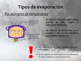 Tipos de evaporación
Por aumento de temperatura
• Se utilizan baños de agua u otras
fuentes de calor, según la
naturaleza del líquido.
• Se efectúa en recipientes poco
hondos y con mucha superficie
para facilitar el proceso.
 No someter a la llama directa solventes
inflamables
 Si los vapores del disolvente son perjudiciales a
la salud, trabajar en vitrina extractora.
 
