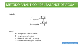 Además:
Q precipitadas
=
P ∗ A
t
𝑄𝑒𝑣𝑎𝑝𝑜𝑟𝑎𝑑𝑎𝑠 =
𝐸 ∗ 𝐴
𝑡
Donde:
P = precipitación sobre el sistema
E = evaporación del sistema
A = área de la superficie evaporante
𝑡 = tiempo transcurrido para el análisis
ING. EDGAR SPARROW ALAMO
METODO ANALITICO : DEL BALANCE DE AGUA
 