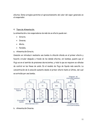 efectos. Estos arreglos permiten el aprovechamiento del calor del vapor generado en
el evaporador.
4. Tipos de Alimentación.
La alimentación a los evaporadores de más de un efecto puede ser:
• Directa.
• Inversa.
• Mixta.
• Paralela.
a. Alimentación Directa.
Consiste en introducir mediante una bomba la dilución diluida en el primer efecto y
hacerla circular después a través de los demás efectos, sin bombas, puesto que el
flujo es en el sentido de presiones decrecientes, y todo lo que se requiere es válvulas
de control en las líneas de unión. Es el modelo de flujo de líquido más sencillo. La
concentración de la solución aumenta desde el primer efecto hasta el último, del cual
es extraída por una bomba.
b. Alimentación Inversa.
11
 