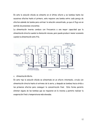 En esta la solución diluida se alimenta en el último efecto y se bombea hasta los
sucesivos efectos hasta el primero, esta requiere una bomba entre cada pareja de
efectos además de bomba para extraer la solución concentrada, ya que el flujo es en
sentido de presiones crecientes.
La alimentación inversa conduce con frecuencia a una mayor capacidad que la
alimentación directa cuando la disolución viscosa, pero puede producir menor economía
cuando la alimentación esta fría.
c. Alimentación Mixta.
En este tipo la solución diluida es alimentada en un efecto intermedio, circula con
alimentación directa hasta el extremo de la serie, y después se bombea hacia atrás a
los primeros efectos para conseguir la concentración final. Esta forma permite
eliminar alguna de las bombas que se requieren en la inversa y permite realizar la
evaporación final a temperaturas más elevadas.
12
 