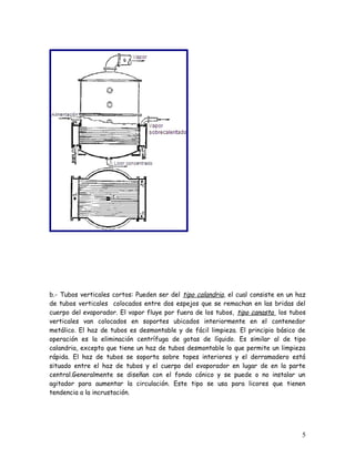 b.- Tubos verticales cortos: Pueden ser del tipo calandria, el cual consiste en un haz
de tubos verticales colocados entre dos espejos que se remachan en las bridas del
cuerpo del evaporador. El vapor fluye por fuera de los tubos, tipo canasta los tubos
verticales van colocados en soportes ubicados interiormente en el contenedor
metálico. El haz de tubos es desmontable y de fácil limpieza. El principio básico de
operación es la eliminación centrífuga de gotas de líquido. Es similar al de tipo
calandria, excepto que tiene un haz de tubos desmontable lo que permite un limpieza
rápida. El haz de tubos se soporta sobre topes interiores y el derramadero está
situado entre el haz de tubos y el cuerpo del evaporador en lugar de en la parte
central.Generalmente se diseñan con el fondo cónico y se puede o no instalar un
agitador para aumentar la circulación. Este tipo se usa para licores que tienen
tendencia a la incrustación.
5
 