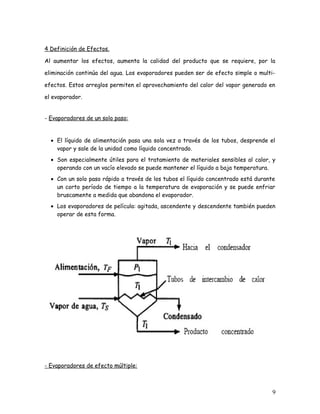 4 Definición de Efectos.
Al aumentar los efectos, aumenta la calidad del producto que se requiere, por la
eliminación continúa del agua. Los evaporadores pueden ser de efecto simple o multi-
efectos. Estos arreglos permiten el aprovechamiento del calor del vapor generado en
el evaporador.
- Evaporadores de un solo paso:
• El líquido de alimentación pasa una sola vez a través de los tubos, desprende el
vapor y sale de la unidad como líquido concentrado.
• Son especialmente útiles para el tratamiento de materiales sensibles al calor, y
operando con un vacío elevado se puede mantener el líquido a baja temperatura.
• Con un solo paso rápido a través de los tubos el líquido concentrado está durante
un corto período de tiempo a la temperatura de evaporación y se puede enfriar
bruscamente a medida que abandona el evaporador.
• Los evaporadores de película: agitada, ascendente y descendente también pueden
operar de esta forma.
- Evaporadores de efecto múltiple:
9
 