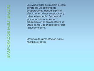 Un evaporador de múltiple efecto
consta de un conjunto de
evaporadores, donde el primer
efecto es el primer evaporador y
así sucesivamente. Durante el
funcionamiento, el vapor
producido en el primer efecto se
utiliza como vapor calefactor del
segundo efecto.
Métodos de alimentación en los
múltiples efectos:
 