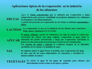 Aplicaciones típicas de la evaporación en la industria
de los alimentos
FRUTAS
LACTEOS
AZUCAR
SAL
VEGETALES
Jugos de frutas concentrados que se obtienen por evaporación a bajas
temperaturas para proveer estabilidad al producto, minimizar los volúmenes
de transporte y de almacenamiento.
A partir del procesos de evaporación de las frutas se obtienen mermeladas y
jaleas.
La evaporación se usa en la industria de los lácteos para concentrar
leche, suero y lactosa previo al secado.
El azúcar refinado a partir de remolacha o de caña de azúcar se realiza por
extracción del azúcar con agua caliente, evaporando el agua hasta la
obtención del jarabe concentrado, y luego por evaporación controlada se
genera la sobresaturación necesaria para el proceso de cristalización.
Los jarabes de malta y glucosa se evaporan después de la hidrólisis
enzimática de la cebada o el almidón de maíz.
En algunos países el agua fresca se produce por evaporación del agua
de mar, que da sal como subproducto. Se concentra y cristaliza de
manera similar al azúcar.
Se extrae el agua de los jugos de vegetales para obtener una
determinada textura como en los pures y pastas.
 