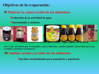 jarabes caramelizados para panadería y pastelería
Objetivos de la evaporación:
Mejorar la conservación de los alimentos
mermeladas y melazas
reducción de la actividad de agua
Suministrar un producto de uso más cómodo
concentrados de frutas para diluir, sopas, pasta de tomate
Cambiar aroma y/o color de los alimentos
Esto es muy conveniente para el consumidor o para el fabricante ( pectinas líquidas, concentrados para el uso
en helados o productos de panadería)
 