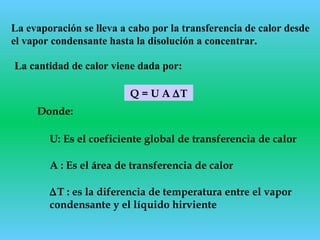 La evaporación se lleva a cabo por la transferencia de calor desde
el vapor condensante hasta la disolución a concentrar.
La cantidad de calor viene dada por:
Q = U A ∆T
Donde:
U: Es el coeficiente global de transferencia de calor
A : Es el área de transferencia de calor
∆T : es la diferencia de temperatura entre el vapor
condensante y el líquido hirviente
 