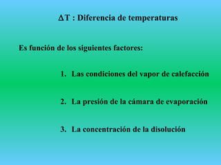 ∆T : Diferencia de temperaturas
Es función de los siguientes factores:
1. Las condiciones del vapor de calefacción
2. La presión de la cámara de evaporación
3. La concentración de la disolución
 