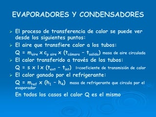 EVAPORADORES Y CONDENSADORES
El proceso de transferencia de calor se puede ver
desde los siguientes puntos:
El aire que transfiere calor a los tubos:
Q = maire x cp aire x (tcámara – tsalida) masa de aire circulada
El calor transferido a través de los tubos:
Q = s x l x (text – tint) l=coeficiente de transmisión de calor
El calor ganado por el refrigerante:
Q = mref x (h1 – h4) masa de refrigerante que circula por el
evaporador
En todos los casos el calor Q es el mismo
 