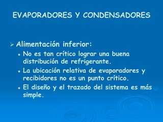EVAPORADORES Y CONDENSADORES
Alimentación inferior:
No es tan crítico lograr una buena
distribución de refrigerante.
La ubicación relativa de evaporadores y
recibidores no es un punto crítico.
El diseño y el trazado del sistema es más
simple.
 