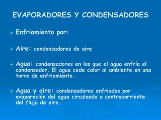 EVAPORADORES Y CONDENSADORES
Enfriamiento por:
Aire: condensadores de aire
Agua: condensadores en los que el agua enfría el
condensador. El agua cede calor al ambiente en una
torre de enfriamiento.
Agua y aire: condensadores enfriados por
evaporación del agua circulando a contracorriente
del flujo de aire.
 