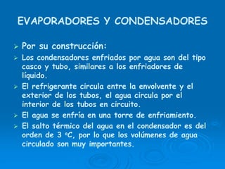 EVAPORADORES Y CONDENSADORES
Por su construcción:
Los condensadores enfriados por agua son del tipo
casco y tubo, similares a los enfriadores de
líquido.
El refrigerante circula entre la envolvente y el
exterior de los tubos, el agua circula por el
interior de los tubos en circuito.
El agua se enfría en una torre de enfriamiento.
El salto térmico del agua en el condensador es del
orden de 3 oC, por lo que los volúmenes de agua
circulado son muy importantes.
 