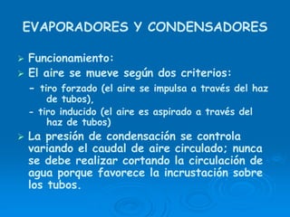 EVAPORADORES Y CONDENSADORES
Funcionamiento:
El aire se mueve según dos criterios:
- tiro forzado (el aire se impulsa a través del haz
de tubos),
- tiro inducido (el aire es aspirado a través del
haz de tubos)
La presión de condensación se controla
variando el caudal de aire circulado; nunca
se debe realizar cortando la circulación de
agua porque favorece la incrustación sobre
los tubos.
 