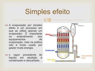 
 A evaporação por simples
efeito é um processo em
que se utiliza apenas um
evaporador. É importante
no entendimento dos
equipamentos de
evaporação, mas na prática
não é muito usado por
gastar muita energia.
 o vapor procedente do
líquido em ebulição é
condensado e descartado.
Simples efeito
 
