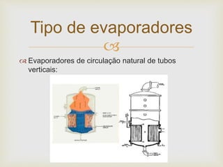 
 Evaporadores de circulação natural de tubos
verticais:
Tipo de evaporadores
 