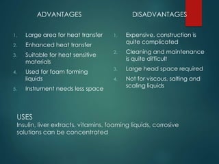 USES
Insulin, liver extracts, vitamins, foaming liquids, corrosive
solutions can be concentrated
ADVANTAGES
1. Large area for heat transfer
2. Enhanced heat transfer
3. Suitable for heat sensitive
materials
4. Used for foam forming
liquids
5. Instrument needs less space
DISADVANTAGES
1. Expensive, construction is
quite complicated
2. Cleaning and maintenance
is quite difficult
3. Large head space required
4. Not for viscous, salting and
scaling liquids
 