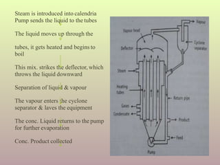 Steam is introduced into calendria
Pump sends the liquid to the tubes
The liquid moves up through the
tubes, it gets heated and begins to
boil
This mix. strikes the deflector, which
throws the liquid downward
Separation of liquid & vapour
The vapour enters the cyclone
separator & laves the equipment
The conc. Liquid returns to the pump
for further evaporation
Conc. Product collected
 