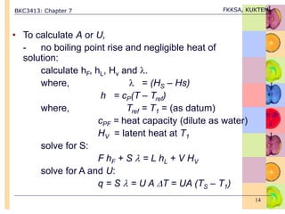 BKC3413: Chapter 7 FKKSA, KUKTEM
14
• To calculate A or U,
- no boiling point rise and negligible heat of
solution:
calculate hF, hL, Hv and .
where,  = (HS – Hs)
h = cP(T – Tref)
where, Tref = T1 = (as datum)
cPF = heat capacity (dilute as water)
HV = latent heat at T1
solve for S:
F hF + S  = L hL + V HV
solve for A and U:
q = S  = U A T = UA (TS – T1)
 