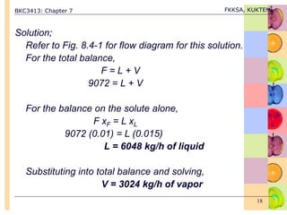 BKC3413: Chapter 7 FKKSA, KUKTEM
18
Solution;
Refer to Fig. 8.4-1 for flow diagram for this solution.
For the total balance,
F = L + V
9072 = L + V
For the balance on the solute alone,
F xF = L xL
9072 (0.01) = L (0.015)
L = 6048 kg/h of liquid
Substituting into total balance and solving,
V = 3024 kg/h of vapor
 