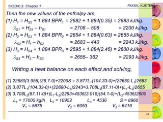 BKC3413: Chapter 7 FKKSA, KUKTEM
48
Then the new values of the enthalpy are,
(1) H1 = HS2 + 1.884 BPR1 = 2682 + 1.884(0.35) = 2683 kJ/kg.
S1 = HS1 – hS1 = 2708 – 508 = 2200 kJ/kg.
(2) H2 = HS3 + 1.884 BPR2 = 2654 + 1.884(0.63) = 2655 kJ/kg.
S2 = H1 – hS2 = 2683 – 440 = 2243 kJ/kg.
(3) H3 = HS4 + 1.884 BPR3 = 2595 + 1.884(2.45) = 2600 kJ/kg.
S3 = H2 – hS3 = 2655– 362 = 2293 kJ/kg.
Writing a heat balance on each effect,and solving,
(1) 22680(3.955)(26.7-0)+2200S = 3.877L1(104.33-0)+(22680-L1)2683
(2) 3.877L1(104.33-0)+(22680-L1)2243=3.708L2(87.11-0)+(L1-L2)2655
(3) 3.708L2(87.11-0)+(L1-L2)2293=4536(3.015)(54.1-0)+(L2-4536)2600
L1 = 17005 kg/h L2 = 10952 L3 = 4536 S = 8960
V1 = 5675 V2 = 6053 V3 = 6416
 
