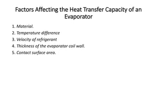 Factors Affecting the Heat Transfer Capacity of an
Evaporator
1. Material.
2. Temperature difference
3. Velocity of refrigerant
4. Thickness of the evaporator coil wall.
5. Contact surface area.
 