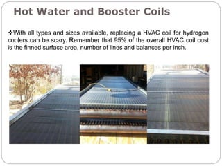 Hot Water and Booster Coils
With all types and sizes available, replacing a HVAC coil for hydrogen
coolers can be scary. Remember that 95% of the overall HVAC coil cost
is the finned surface area, number of lines and balances per inch.
 