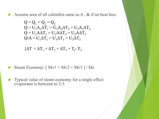  Assume area of all calendria same as A , & if no heat loss:
 Steam Economy: [ Mv1 + Mv2 + Mv3 ] / Ms
 Typical value of steam economy for a single effect
evaporator is between to 2-3.
Q = Q1
= Q2
= Q2
Q = U1A1ΔT1 = U3A3ΔT3 = U3A3ΔT3
Q = U1AΔT1 = U3AΔT3 = U3AΔT3
Q/A = U1ΔT1 = U3ΔT3 = U3ΔT3
{ΔT = ΔT1 + ΔT2 + ΔT3 = Ts- T3
 