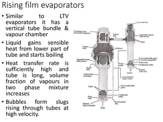 Rising film evaporators
• Similar to LTV
evaporators it has a
vertical tube bundle &
vapour chamber
• Liquid gains sensible
heat from lower part of
tube and starts boiling
• Heat transfer rate is
sufficiently high and
tube is long, volume
fraction of vapours in
two phase mixture
increases
• Bubbles form slugs
rising through tubes at
high velocity.
 