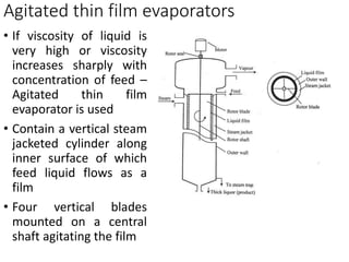 Agitated thin film evaporators
• If viscosity of liquid is
very high or viscosity
increases sharply with
concentration of feed –
Agitated thin film
evaporator is used
• Contain a vertical steam
jacketed cylinder along
inner surface of which
feed liquid flows as a
film
• Four vertical blades
mounted on a central
shaft agitating the film
 