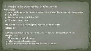 Ventajas de los evaporadores de tubos cortos
verticales
1. Altos coeficientes de transferencia de calor a altas diferencias de temperatura
2. Baja altura
3. Desincrustación mecánica fácil
4. Relativamente baratos
Desventajas de los evaporadores de tubos cortos
verticales
1. Pobre transferencia de calor a bajas diferencias de temperatura y bajas
temperaturas
2. Alto peso y espacio de suelo
3. Relativamente alta retención
4. Pobre transferencia de calor con líquidos viscosos
 