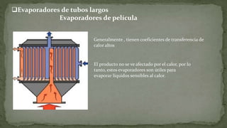 Generalmente , tienen coeficientes de transferencia de
calor altos
El producto no se ve afectado por el calor, por lo
tanto, estos evaporadores son útiles para
evaporar líquidos sensibles al calor.
Evaporadores de tubos largos
Evaporadores de película
 